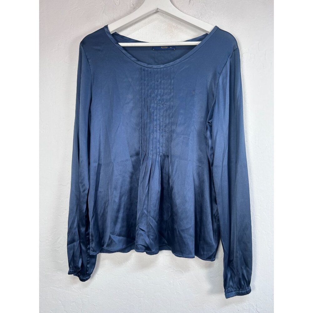 Etro Womens Long Sleeve Blue Pleated Pintuck Silk Blouse Size 46 Made In Italy